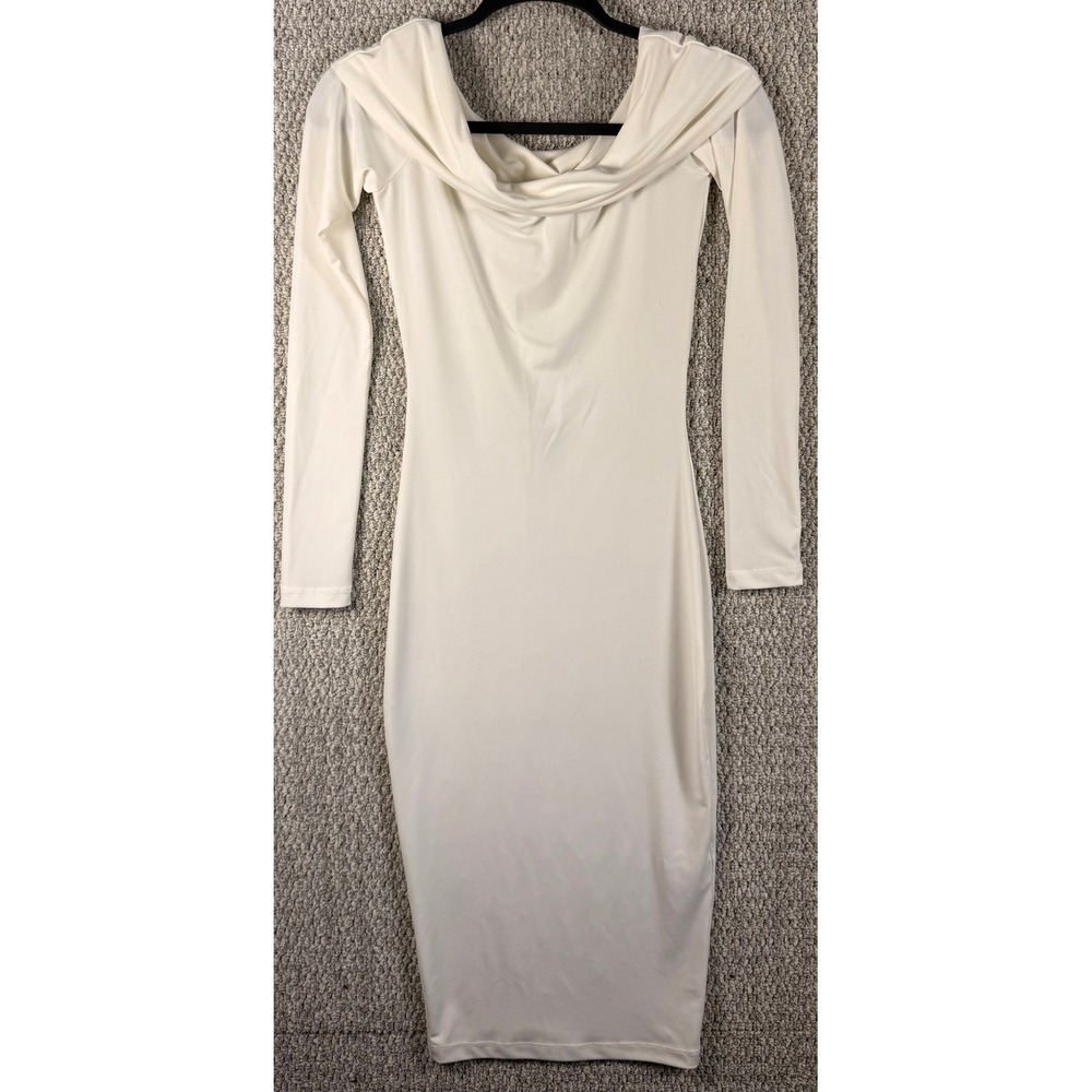 Symphony Dress Womens Small Cream Off Shoulder Cowl Neck Long Sleeve Midi Dress